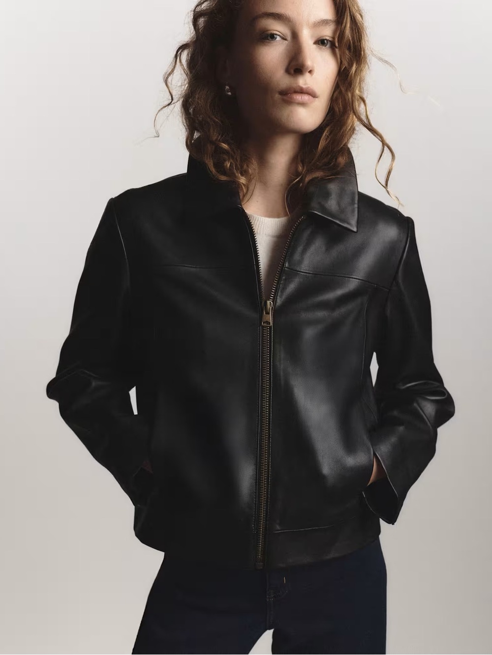 Quince 100% Leather Cropped Zip-Front Jacket